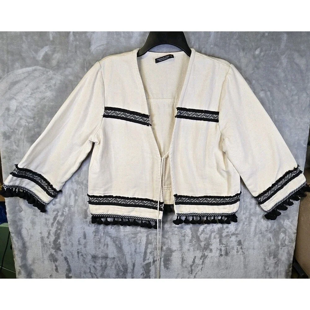 Emerson Lang Ivory Beige Cotton Boho Long Sleeve Jacket Blazer Black Tassel L
